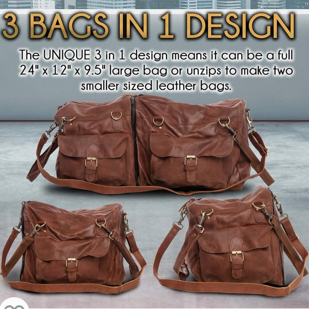AMLEAPRO Leather 3 in 1 Leather Duffle Weekender Bag